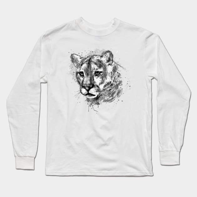 Watercolor Portrait - Black and White Cougar Head Long Sleeve T-Shirt by Marian Voicu